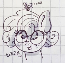 Size: 690x670 | Tagged: safe, artist:galaxy.in.mind, derpibooru import, oc, oc only, oc:honey glaze, bee, earth pony, insect, pony, bust, earth pony oc, eyelashes, female, freckles, graph paper, grin, lineart, looking up, magical lesbian spawn, mare, offspring, onomatopoeia, parent:applejack, parent:rarity, parents:rarijack, smiling, solo, traditional art