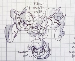 Size: 1080x883 | Tagged: safe, artist:galaxy.in.mind, derpibooru import, apple bloom, scootaloo, sweetie belle, oc, oc:honey glaze, earth pony, pegasus, pony, unicorn, bust, cutie mark crusaders, earth pony oc, eyes closed, female, graph paper, grin, lineart, magical lesbian spawn, mare, offspring, older, older apple bloom, older scootaloo, older sweetie belle, one eye closed, parent:applejack, parent:rarity, parents:rarijack, smiling, traditional art, wink