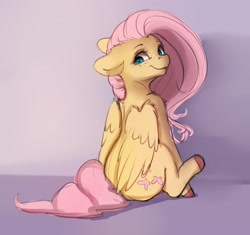 Size: 2548x2396 | Tagged: safe, artist:miokomata, derpibooru import, fluttershy, pegasus, pony, unicorn, :3, butt, colored hooves, cute, cute little fangs, fangs, female, floppy ears, freckles, freckleshy, mare, plot, shyabetes, sitting, smiling, solo