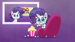 Size: 1920x1080 | Tagged: safe, derpibooru import, screencap, rarity, pony, unicorn, my little pony: pony life, spoiler:my little pony: pony life, bean mouth, chair, food, popcorn, recursion, smiling, solo