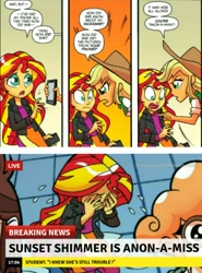 Size: 1016x1372 | Tagged: safe, derpibooru import, edit, idw, applejack, sunset shimmer, equestria girls, spoiler:comicholiday2014, abuse, anon-a-miss, break your own news, crying, op is a cuck, op is a shithead, op is trying to start shit, sad, shimmerbuse