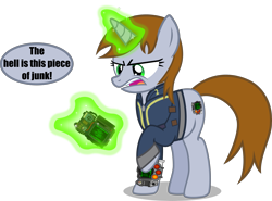 Size: 4089x3019 | Tagged: safe, artist:vector-brony, derpibooru import, oc, oc:littlepip, pony, unicorn, fallout equestria, clothes, dialogue, disgusted, fanfic, fanfic art, female, glowing horn, hooves, horn, levitation, magic, mare, open mouth, pipboy, pipbuck, raised hoof, simple background, solo, speech bubble, telekinesis, transparent background, vault suit