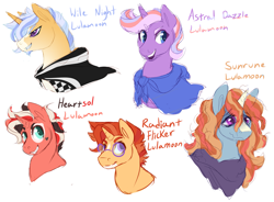 Size: 2629x1938 | Tagged: safe, artist:amiookamiwolf, derpibooru import, oc, oc:astral dazzle, oc:heart sol, oc:radiant flicker, oc:sun rune, oc:wile night, pony, unicorn, magical lesbian spawn, offspring, parent:starlight glimmer, parent:sunburst, parent:trixie, parents:starburst, parents:startrix, parents:trixburst