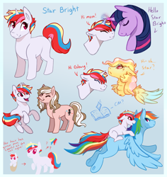 Size: 2500x2652 | Tagged: safe, artist:amiookamiwolf, derpibooru import, rainbow dash, twilight sparkle, oc, oc:accordion, oc:morning glow, oc:star bright, earth pony, pegasus, pony, unicorn, female, filly, flying, magical lesbian spawn, offspring, parent:cheese sandwich, parent:pinkie pie, parent:rainbow dash, parent:spitfire, parent:twilight sparkle, parent:vapor trail, parents:cheesepie, parents:twidash