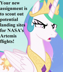 Size: 630x720 | Tagged: safe, derpibooru import, edit, edited screencap, screencap, princess celestia, alicorn, pony, the ending of the end, angry, artemis project, cropped, crown, jewelry, nasa, peytral, reaction image, reaction image with an expiration date, regalia, this will end in a trip to the moon