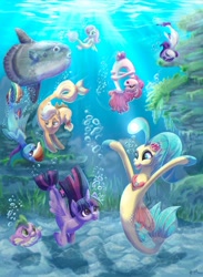 Size: 1280x1746 | Tagged: safe, artist:catscratchpaper, derpibooru import, applejack, fluttershy, pinkie pie, princess skystar, rainbow dash, rarity, spike, twilight sparkle, fish, seapony (g4), my little pony: the movie, bubble, mane seven, mane six, moonfish, ocean sunfish, puffer fish, seaponified, seapony applejack, seapony fluttershy, seapony pinkie pie, seapony rainbow dash, seapony rarity, seapony twilight, species swap, spike the pufferfish, underwater