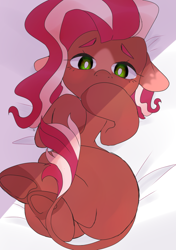 Size: 2885x4096 | Tagged: source needed, safe, artist:denzi, derpibooru import, oc, oc only, oc:serenity nonpareil, earth pony, pony, female, floppy ears, leonine tail, looking at you, lying down, mare, on back, solo, underhoof