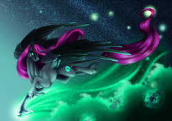 Size: 3508x2480 | Tagged: safe, artist:oneiria-fylakas, derpibooru import, oc, oc:ender, alicorn, pony, female, flying, mare, solo, space