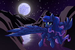 Size: 2400x1600 | Tagged: safe, artist:tuppkam1, derpibooru import, princess luna, alicorn, pony, female, flying, full moon, mare, mare in the moon, moon, night, solo, stars