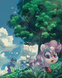 Size: 2480x3118 | Tagged: safe, artist:mojitoponyo, derpibooru import, oc, oc only, butterfly, earth pony, insect, ladybug, pegasus, unicorn, bow, flower, kite, outdoors, swing, tree