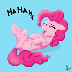 Size: 2048x2048 | Tagged: safe, artist:whitequartztheartist, derpibooru import, pinkie pie, earth pony, pony, blue background, eyes closed, laughing, lying down, on back, pink mane, simple background