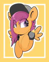 Size: 3129x4000 | Tagged: safe, alternate version, artist:partylikeanartist, derpibooru import, scootaloo, pegasus, pony, absurd resolution, alternate design, alternate hairstyle, cap, cute, cutealoo, eye clipping through hair, eyebrows, eyebrows visible through hair, female, hat, headphones, looking away, older, older scootaloo, simple background, solo, wingding eyes