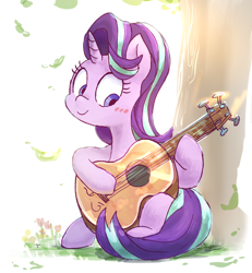 Size: 1224x1322 | Tagged: safe, artist:nendo, derpibooru import, starlight glimmer, pony, unicorn, blushing, cute, female, glimmerbetes, guitar, horn, mare, musical instrument, pixiv, sitting, smiling, solo, tree