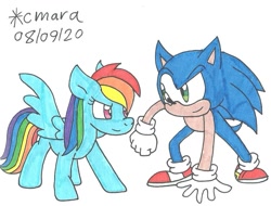 Size: 1124x855 | Tagged: safe, artist:cmara, derpibooru import, rainbow dash, anthro, hedgehog, pegasus, pony, clothes, crossover, duo, female, gloves, looking at each other, male, mare, shoes, simple background, sonic the hedgehog, sonic the hedgehog (series), traditional art, white background