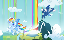 Size: 2985x1850 | Tagged: safe, artist:musical-medic, derpibooru import, night glider, rainbow dash, pegasus, pony, cloud, flying, rainbow falls (location), rainbow waterfall