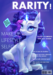 Size: 1240x1748 | Tagged: safe, artist:bananitryi, derpibooru import, rarity, pony, unicorn, female, gem, glowing horn, horn, magazine cover, magic, mare, misspelling, solo, telekinesis, text, unshorn fetlocks