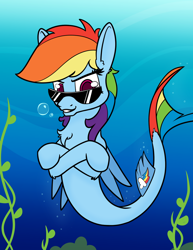 Size: 1000x1297 | Tagged: safe, artist:dacaoo, derpibooru import, rainbow dash, seapony (g4), chest fluff, colored pupils, female, looking at you, seaponified, seapony rainbow dash, solo, species swap, sunglasses, underwater