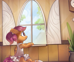Size: 3552x3008 | Tagged: safe, artist:mirroredsea, derpibooru import, scootaloo, pegasus, pony, alternate hairstyle, ballerina, ballet, clothes, cute, cutealoo, female, filly, hair tie, high res, looking out the window, ponytail, profile, scootarina, sitting, solo, tomboy taming, tutu, window, wings