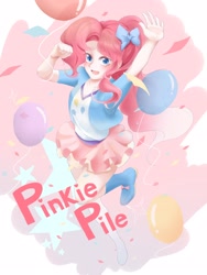 Size: 1536x2048 | Tagged: safe, artist:rino11828834, derpibooru import, pinkie pie, human, equestria girls, balloon, bow, confetti, cute, diapinkes, female, hair bow, human coloration, humanized, looking at you, open mouth, solo, stars