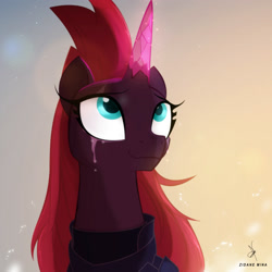 Size: 1984x1984 | Tagged: safe, alternate version, artist:zidanemina, derpibooru import, edit, fizzlepop berrytwist, tempest shadow, pony, unicorn, my little pony: the movie, alternate hairstyle, armor, bust, crying, crystal horn, female, horn, if only, looking at something, looking up, mare, pretty pretty tempest, solo, tears of joy, teary eyes, tempest gets her horn back, when she smiles