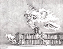 Size: 1400x1079 | Tagged: safe, artist:baron engel, derpibooru import, oc, oc only, oc:rattletrap, anthro, kirin, angry, anthro oc, bookshelf, hammer, kirin oc, library, monochrome, open mouth, pencil drawing, traditional art