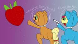 Size: 3840x2160 | Tagged: safe, artist:teddieatwork, derpibooru import, applejack, strawberry sunrise, earth pony, pegasus, pony, always has been, astrojack, astronaut, commission, female, food, grammar error, gun, handgun, helmet, hoof hold, mare, meme, open mouth, pistol, pointing, ponified meme, raised hoof, sororicide, space, spacesuit, strawberry, this will end in death, this will end in tears, this will end in tears and/or death, wait it's all ohio, weapon, ych result
