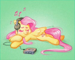 Size: 1024x824 | Tagged: safe, artist:simondrawsstuff, derpibooru import, fluttershy, pegasus, pony, cassette player, cute, eyes closed, female, green background, headphones, lying down, mare, music, music notes, music player, prone, shyabetes, simple background, solo
