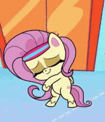 Size: 313x365 | Tagged: safe, derpibooru import, screencap, fluttershy, pegasus, pony, my little pony: pony life, spoiler:my little pony: pony life, animated, bipedal, cropped, cute, dancing, eyes closed, gif, headband, shyabetes, solo, stayin alive, wings