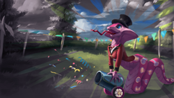 Size: 3840x2160 | Tagged: safe, artist:eqlipse, derpibooru import, pinkie pie, cobra, lamia, original species, snake, female, happy, lamiafied, party cannon, snek, solo, solo female, species swap