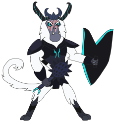 Size: 2359x2564 | Tagged: safe, artist:supahdonarudo, derpibooru import, storm king, yeti, fanfic:revenge of the storm king, my little pony: the movie, fanfic in the description, mace, scar, shield, simple background, solo, transparent background, weapon