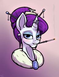 Size: 1119x1455 | Tagged: safe, artist:hc0, derpibooru import, rarity, pony, unicorn, bust, cigarette, cigarette holder, female, gradient background, horn, jewelry, mare, portrait, ring, solo