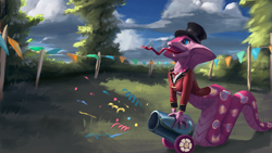 Size: 3840x2160 | Tagged: safe, artist:eqlipse, derpibooru import, pinkie pie, cobra, lamia, original species, snake, female, happy, lamiafied, party cannon, snek, solo, solo female, species swap