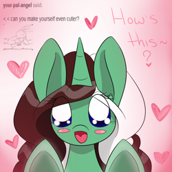 Size: 1000x1000 | Tagged: safe, artist:kaggy009, derpibooru import, oc, oc:peppermint pattie (unicorn), pony, unicorn, anime eyes, ask peppermint pattie, cute, dialogue, female, heart, looking at you, mare, open mouth, question, solo, text