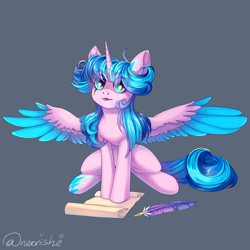 Size: 2000x2000 | Tagged: safe, artist:neonishe, derpibooru import, oc, oc only, oc:neon star, alicorn, pony, alicorn oc, female, gray background, horn, quill, scroll, simple background, solo, wings