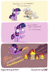Size: 1280x1864 | Tagged: safe, artist:dilarus, artist:dsp2003, color edit, edit, mayor mare, twilight sparkle, twilight sparkle (alicorn), alicorn, earth pony, pony, comic, female, fire, flying, mare, open mouth, sparkles, sparkles! the wonder horse!, twibitch sparkle