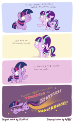 Size: 1162x1912 | Tagged: safe, artist:dilarus, artist:dsp2003, color edit, edit, alicorn, pony, unicorn, comic, female, flying, hilarious in hindsight, mare, open mouth, signature, sparkles, sparkles! the wonder horse!, sunglasses, twibitch sparkle