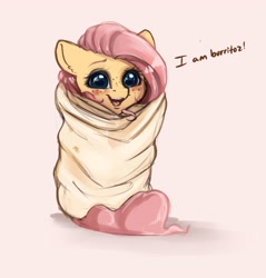 Size: 3081x3225 | Tagged: safe, artist:miokomata, fluttershy, pegasus, pony, blanket burrito, blushing, burrito, cute, dialogue, ear fluff, female, freckles, freckleshy, high res, looking at you, mare, miokomata is trying to murder us, open mouth, pink background, shyabetes, simple background, smiling, solo, talking to viewer, weapons-grade cute