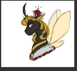 Size: 526x486 | Tagged: safe, artist:shirofluff, derpibooru import, queen bumble, bee, changeling, changeling queen, g1, beeling, bust, crown, curved horn, female, horn, jewelry, redesign, regalia, simple background, solo, white background, yellow changeling