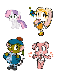 Size: 803x1044 | Tagged: safe, artist:cutemax, derpibooru import, sweetie belle, bear, mouse, rabbit, unicorn, animal, baby hugs bear, care bears, cheese the chao, clothes, cream the rabbit, cute, diasweetes, olivia flaversham, scarf, sonic the hedgehog (series), tam o' shanter, the great mouse detective, weapons-grade cute