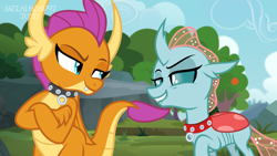 Size: 8000x4500 | Tagged: safe, artist:metalhead97, derpibooru import, ocellus, smolder, changeling, dragon, bedroom eyes, collar, commission, dragoness, female, femsub, grin, kinky, lesbian, lidded eyes, lip bite, looking at each other, shipping, show accurate, smiling, smolcellus, submissive, surprised, sweet feather sanctuary, this will end in snu snu