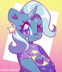 Size: 1024x1195 | Tagged: safe, artist:bunxl, artist:tie-dye-flag, derpibooru import, trixie, anthro, unicorn, :3, beanbrows, boob window, breasts, bust, cleavage, eyebrows, female, one eye closed, solo, titsie, wink, winking at you