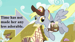 Size: 777x444 | Tagged: safe, derpibooru import, edit, edited screencap, screencap, derpy hooves, the last problem, arrow, captain obvious, cropped, cute, derpabetes, hat, letter, mailbag, mailmare hat, mailpony uniform, older derpy hooves, package, ponyville, text, truth