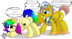 Size: 8000x4364 | Tagged: safe, artist:rainbowtashie, derpibooru import, oc, oc:heartstrong flare, oc:rainbow tashie, alicorn, earth pony, mouse, pony, butt, clothes, commissioner:bigonionbean, conductor hat, cutie mark, dialogue, extra thicc, female, flank, fusion, fusion:heartstrong flare, glasses, goggles, hat, male, mare, nervous, nintendo 64, plot, scared, simple background, stallion, thicc ass, transparent background, uniform, wonderbolt trainee uniform, writer:bigonionbean