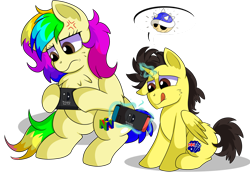 Size: 1280x894 | Tagged: safe, artist:rainbowtashie, derpibooru import, oc, oc:rainbow tashie, oc:tommy the human, alicorn, earth pony, pony, alicorn oc, blue shell, colt, commissioner:bigonionbean, cross-popping veins, cute, cutie mark, female, focused, games, horn, magic, male, mare, nintendo 64, nintendo switch, simple background, tongue out, transparent background, wings, writer:bigonionbean