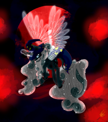 Size: 2115x2392 | Tagged: safe, artist:midnightfire1222, derpibooru import, star swirl, star swirl the bearded, pony, unicorn, artificial wings, augmented, blood moon, clothes, evil, glowing horn, horn, magic, magic wings, moon, nightmare star swirl, nightmareified, solo, wings