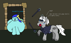 Size: 1617x981 | Tagged: safe, artist:ponycharade, derpibooru import, oc, oc only, oc:charade, oc:jester bells, unicorn, armor, dungeon, eyes closed, fat, horn, meta, misspelling, morbidly obese, obese, runescape, stuck, sword, unicorn oc, weapon