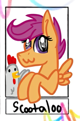 Size: 587x886 | Tagged: safe, alternate version, artist:ashton__draws, derpibooru import, scootaloo, bird, chicken, pony, bust, duo, eyelashes, female, filly, mare, smiling