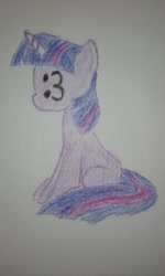 Size: 295x492 | Tagged: safe, anonymous artist, derpibooru import, twilight sparkle, unicorn twilight, pony, unicorn, /mlp/, 4chan, :3, adorawat, crayon drawing, cute, drawthread, female, funny, missing cutie mark, not salmon, pun, requested art, simple background, solo, traditional art, visual pun, wat