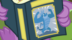 Size: 1280x720 | Tagged: safe, derpibooru import, screencap, spike, dragon, a flurry of emotions, book cover, claw hold, claws, cover, foreshadowing, older, older spike, paws, reading, solo, solo focus