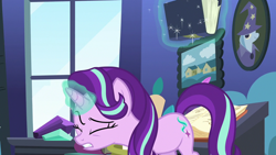 Size: 1280x720 | Tagged: safe, derpibooru import, screencap, starlight glimmer, trixie, pony, unicorn, the maud couple, cameo, eyes closed, female, flying books, gem, glowing horn, horn, magic, our town, pictures, solo, solo focus, starlight's room, telekinesis, unaware